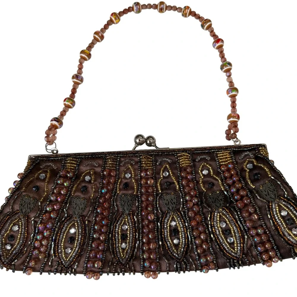 Vintage Beaded Satin Clutch Bag Whimsigoth Y2K Fairy Boho Evening Purse Coquette